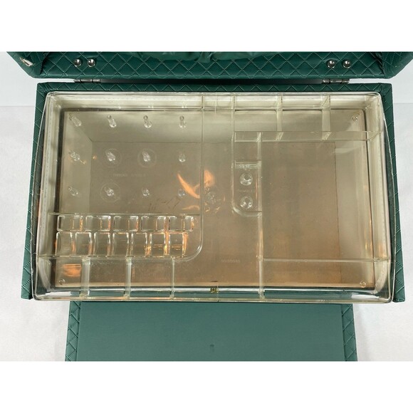 Vintage Green Quilted Vinyl Sewing Box with Tray Drawer 1950s/60s Case w/ Handle - Picture 10 of 14